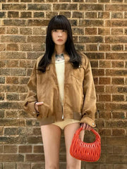 LIZAKOSHT - Women Patchwork Suede Jackets Long Sleeve Pocket Zipped Stand Coats Autumn Winter New Fashion Commuting Top Outerwears