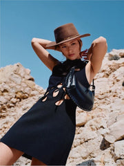 LIZAKOSHT - Hollow Out Sleeveless Dress Women Sexy Temperament Waist Cinching Slimming Elastic Summer Round Neck Hip Hugging Short Dress