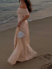LIZAKOSHT - One Line Collar Strapless Pleated Long Dress Solid Color Sleeveless Splice Elegant Lady Dresses Summer Female Beachwear Vestidos