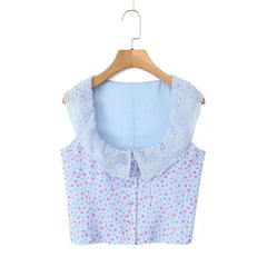 LIZAKOSHT - Sexy Women Lace Trim Square Neck Floral Print Tank Top Sleeveless Ladies Summer Chic Crop Top