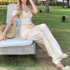 LIZAKOSHT - Summer New High Street Lace-up Pleated Solid Color Casual Cake Skirt Women + Sexy Slim Short Sleeve T-shirt Two-piece Suit