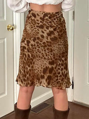 LIZAKOSHT - Vintage Sexy Leopard Mesh Skirt Casual Slim Mid-Waisted Midi Skirts Women Autumn Spring Fashion Streetwear Holiday