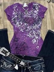LIZAKOSHT - 2000s Subculture Vintage Purple Print T-Shirt Women Y2k American Retro Slim Tees Summer 90s Grunge Casual Harajuku Fashion Tops