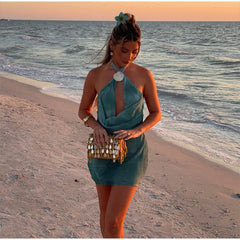 LIZAKOSHT - Sexy Green Halter Short Dress Women Slim Lace Up Hollow Out Sleeveless Backless Dresses 2025 Summer Lady Party Beach Robes