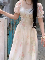 LIZAKOSHT  -  Korea Vintage Floral Print Dress Women Casual Square Collar Midi Dress Female Puff Sleeve Elegant Fairy Holiday Dress Vestido