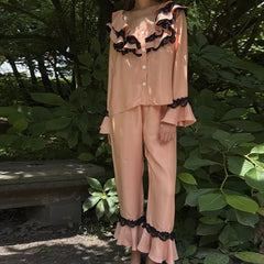 LIZAKOSHT - Women Satin Silk Pajamas Lace Trim Long Sleeve Turn Down Ruffles Button Up Blouse Tops + Pants Lounge 2 Pcs Set