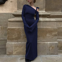 LIZAKOSHT - Women's Elegant Long Sleeve Slim Fit Solid Off Shoulder Skew Collar Strappy Side Slit Maxi Dress Casual Sexy Y2K Streetwear