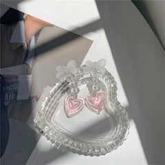 LIZAKOSHT - Pink Heart Pendant Earrings Sweet Temperament Bowknot Earrings Long Crystal Earrings Statement Jewelry