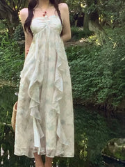 LIZAKOSHT - Summer Irregular Ruffles Midi Dress Women Sleeveless Beach Style Chiffon Halter Casual Holiday Sundress One Piece Vestidos Mujer