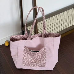 LIZAKOSHT - Women's Pink Leopard Print Shoulder Bag Large Capacity Casual Tote Simple Double Sided Use For Work Commuting