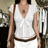 LIZAKOSHT - High Street Euramerican Summer Deep V Neck Short Sleeve Straps Shirts Y2k Aesthetic Crochet Hollow Out Clothes Sweet Casual Top
