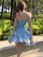 LIZAKOSHT - Solid Ruffles A-line Beach Style Summer Dress Women Sexy Swinging Collar Ruffles Birthday Party Dresses Sweet Pleated Vestidos