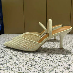 LIZAKOSHT - Pointed Toe White High Heels Shoes for Women Summer Breathable Pearl Mesh Designer Brand Elegant Party Wedding Female Sandals