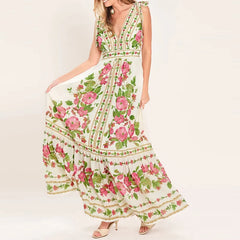 LIZAKOSHT - Sexy V-neck Women Vacation Long Dress Summer Casual Sleeveless Hight Waist Party Dress Elegant Print Draped Bow Maxi Dress