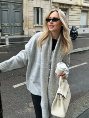 LIZAKOSHT - Elegant Solid Scarf Collar Knitted Cardigan Women Chic Full Sleeve With Pocket Loose Sweater New Autumn Lady Casual Street Wear