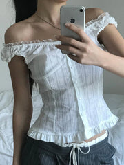 LIZAKOSHT - Lace-up Solid Sexy Button Tees Slim Casual All-match Harajuku Fashion Women's Top Korean Style Aesthetic Clothings