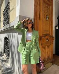 LIZAKOSHT - 2025Solid Color Casual Two-piece Ladies Matching Suit Long Sleeve Suit Jacket Shorts Office Ladies Elegant Business Suit