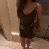 LIZAKOSHT  -  Sea Star Halter Women Dress Silk Satin Stacked Collar Suspender Slim Fit Sexy Backless Strap Short Dresses Fashion Camisole New