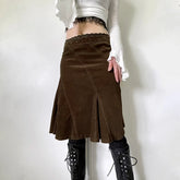 LIZAKOSHT - Vintage Brown Corduroy Midi Skirt Women Lace Patchwork Fashion A-Line Autumn Skirts Party Elegant Stitching Bottoms