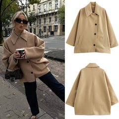 LIZAKOSHT - Elegant Single Breasted Wool Jacket Women Burgundy Loose Lapel Long Sleeve Pocket Female Coat 2025 Autumn Solid Commute Outwear