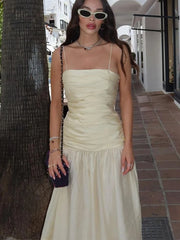 LIZAKOSHT - Sexy Patchwork Pleated Women Sling Dress Elegant Sleeveless Backless Midi A-line Dresses 2024 Summer Lady Slim Street Robes