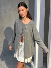 LIZAKOSHT - Grey Knitted Women Cardigan Sweater Casual O Neck Lace Up Long Sleeve Hollow Out Female Loose Coats New Autumn Lady Outwear