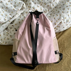 LIZAKOSHT - Patchwork Drawstring Y2k Aesthetic Schoolbag Simple All Match Nylon Leather Shoulder Bag Preppy Casual Korean Students Backpacks