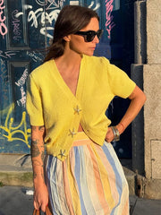 LIZAKOSHT - Knit Solid Women's Cardigan Fashion Loose Single-breasted Short Sleeve Female Sweater Summer V Neck Lady Knitwear 2025