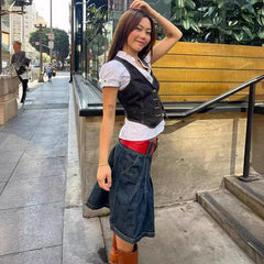 LIZAKOSHT - Women's Crop Denim Vest Y2k V-neck Sleeveless Single Breasted Short Female Waistcoat 2025 Spring Summer Lady Street Tops