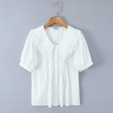 LIZAKOSHT - Holiday White Spliced Wood ears Lace Peter Pan Collar Short Puff Sleeve Shirt Women Fold Pleated Front Open Buttons Blouses Tops