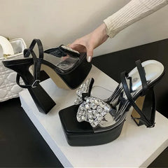 LIZAKOSHT  -  Luxury Rhinestone Transparent Platform Sandals Women Open Toe Summer Fashion Slingback Party Dress Shoes Crystal Bow High Heels