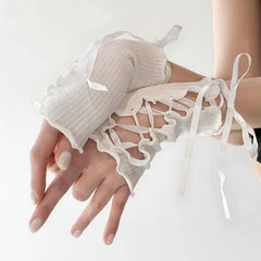 LIZAKOSHT - Lace Flower Sleeves Women Gothic Lolita Black Hollowed Out Gloves Mesh Punk DIY Strapping Bow Tie Fingerless Mitten Girls Party