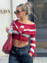 LIZAKOSHT - Knitted Sexy Off Shoulder Striped Women Sweater Red Long Sleeve Lace Up Sweater Female Autumn New Casual Streetwear