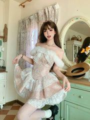 LIZAKOSHT - Japan Short Lolita Pink Castle Love Letter Lace Design Feeling One Shoulder Bow Splice Waist Closing Dress Women New