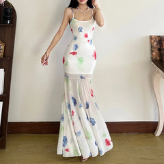 LIZAKOSHT - Aesthetic and Elegant Slim Shoulder Strap Sling Dress Women's Spring Summer Gauze Printed Stitching Dress Women's Clothing