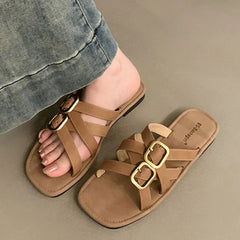 LIZAKOSHT - Summer New Brand Women Slipper Fashion Narrow Band Buckle Ladies Casual Slides Shoes Soft Flat Heel Outdoor Sand New Woman