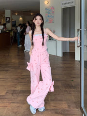 LIZAKOSHT  -  Sweet Spice Girl Bear Bow Suit Women Summer Pink Vest Sling+High Waist Elasticity Casual Workwear Wide Leg Trousers 2-Piece Set