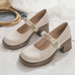LIZAKOSHT - Women's Summer Footwear Japanese Style Lolita Shoes for Woman Square Heels Round Toe Pumps Mary Jane Platform Gothic Pearl