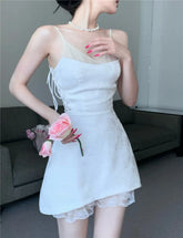 LIZAKOSHT - Lace Up Sweet Lace White Short Dress Women Solid Color Party Dress Female Casual Korean Fashion Ladies Mini Dress 2024 Summer