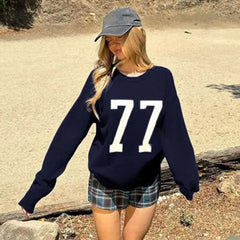 LIZAKOSHT - Pullover Knitted Sweater Contrasting Color Digital Print Round Neck American Basic Slim Hot Girl Sweater Autumn Winter