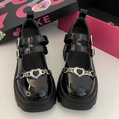 LIZAKOSHT - Lolita Shoes Women's Punk Platform Pumps Metal Chain Mary Jane Lolita Shoes Woman Japanese Patent Leather High Heels Gothic Shoe