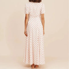 LIZAKOSHT - Elegant Polka Dot Printed Bohemian Women Long Dress Fashion Hight Wasit Party Dress V-neck Short Sleeve Seaside Vacation Dress