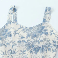 LIZAKOSHT - Vintage French Bird Floral Print Tank Dress Women V neck Slim Waist Folds Ruffles Hem Midi Long A-line Swing Dresses Vestidos