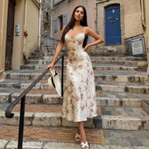 LIZAKOSHT - Floral Print Lace Patchwork A-line Satin Vacation Midi Dress High Street Outfits Women Sexy Spaghetti Straps Backless Party Robe