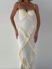 LIZAKOSHT - Women Elegant Ruffle Patchwork Sling Maxi Dress Fashion Backless Sleeveless Split Bodycon Dresses 2024 Lady Party Evening Robes