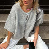 LIZAKOSHT - Women's Casual Short Sleeve Sweaters Tops Button Down Round Neck Spring Fall Knit Cardigans Blouse Y2k Girls Outwear