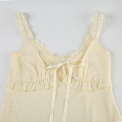 LIZAKOSHT - Women Boho Chic Ruffled Lace V-neck Tank Top Bow Tied Sleeveless Light Yellow Sexy Crop Tops Summer Holiday Camisole