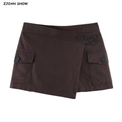 LIZAKOSHT - Spring Summer Cargo Low Waist Shorts Skirts for Women Safari Short Trousers Side Pockets Casual Street Bottom Deep Brown