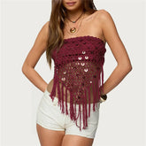 LIZAKOSHT - Sexy Strapless Backless Vest Women Knit Crochet Tube Top Sequins Hollow Out Irregular Summer Vacation Party Beachwear