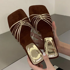 LIZAKOSHT - Summer Square Toe Narrow Band Women Slippers Designer Wedges High Heels Party Slides Shoes Zapatos De Mujer